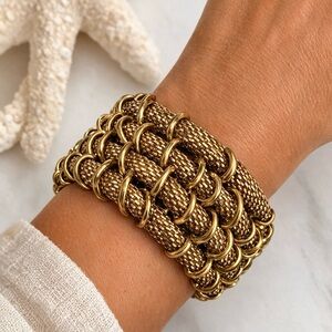 Gold Tone Mesh Multi Strand Stretch Bracelet Glam Textured Chain Link Wide Cuff